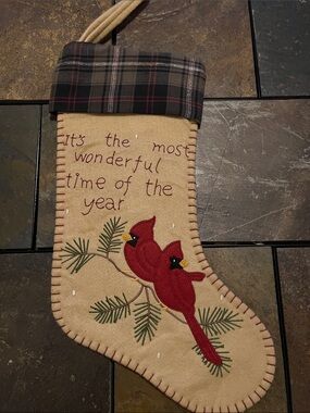 Festive Embroidered Holiday Felt Cardinal Stocking- EUC *great condition*